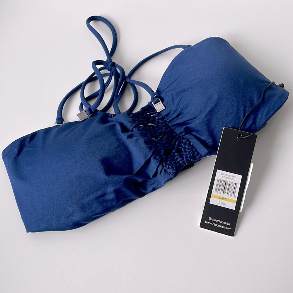 NWT (M) dolce vita navy bandeau bikini padded top crochet bow halter strap new